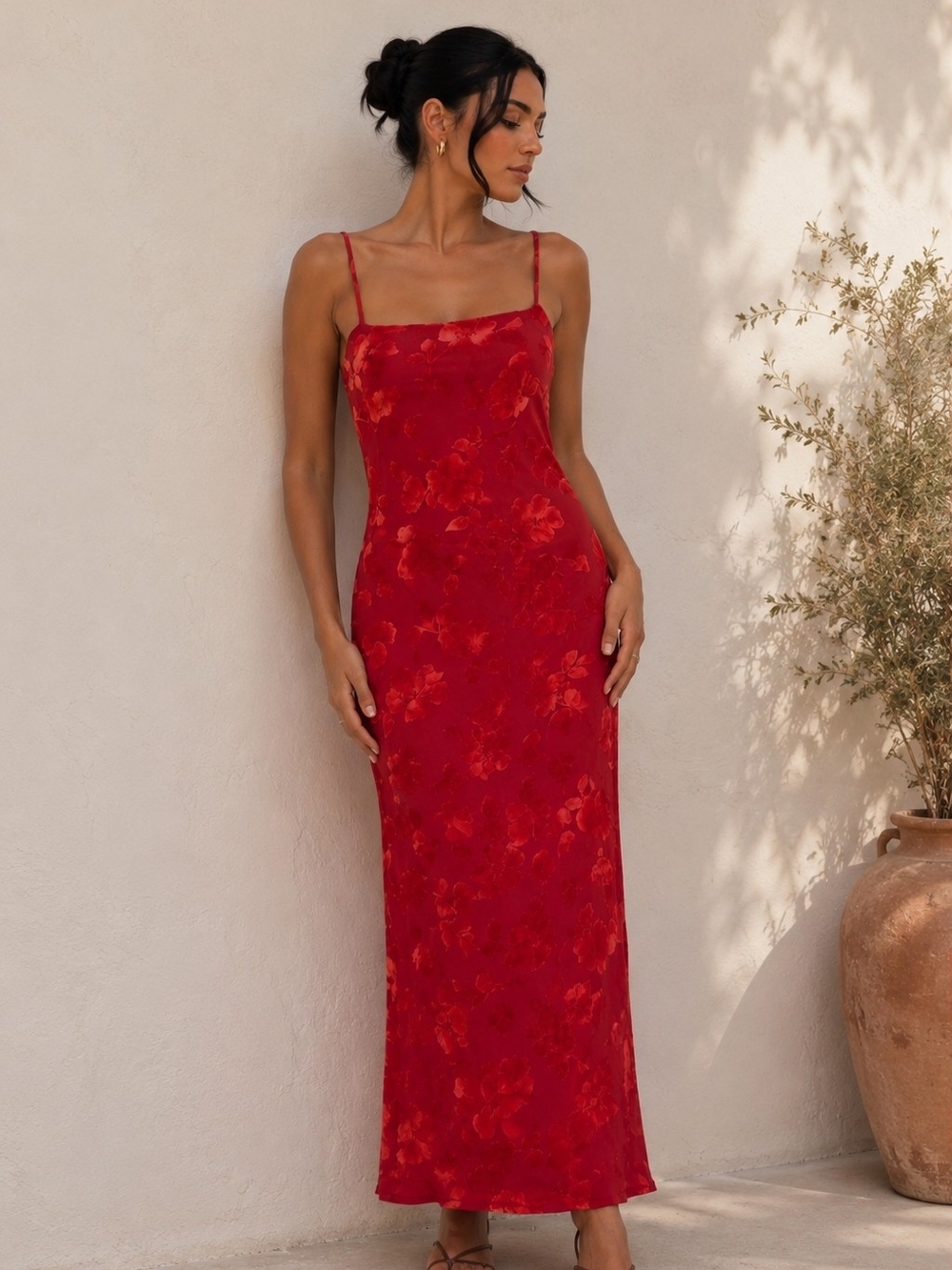 Red Floral Slip Maxi Dress with Spaghetti Straps - Women